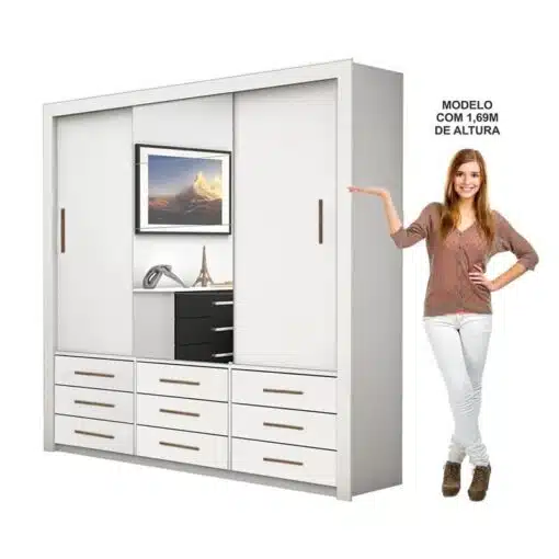 Roupeiro Anjos Branco 3 Portas 9 Gavetas C/ 1 Espelho Larg. 1.91m - Carioca Móveis - Imagem 4