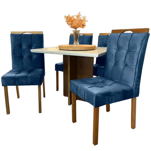 Mesa Salinas 90 Cinamomo/Off White com 4 Cadeiras Sophia Veludo Azul – AVALON DECOR + WM DECOR - Imagem 3