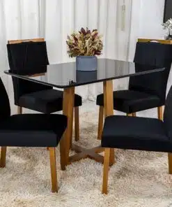 Mesa de Jantar Pedro Mel Vidro Preto 120×80 4 Cadeiras Lisboa Veludo Preto 504 Madeira Maciça Art Assento - Entregue Montada