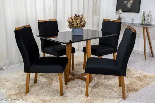 Mesa de Jantar Pedro Mel Vidro Preto 120×80 4 Cadeiras Lisboa Veludo Preto 504 Madeira Maciça Art Assento - Entregue Montada