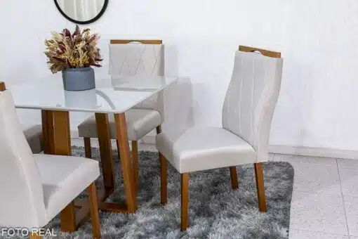 Mesa de Jantar Pedro Mel Vidro Off 90×90 4 Cadeiras Lisboa Veludo Bege 512 Madeira Maciça Art Assento - Entregue Montada - Imagem 4