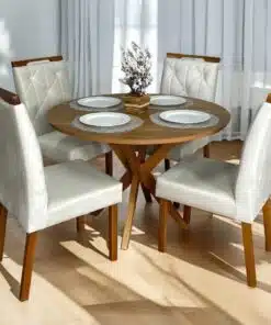 Mesa Redonda Simpatia 108 Cinamono com 4 Cadeiras Yasmim Veludo Bege – JCM MOVELARIA + KM DECOR