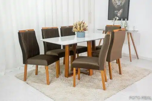 Mesa de Jantar Pedro Mel Vidro Off 160×80 6 Cadeiras Lisboa Veludo Marrom 509 Madeira Maciça Art Assento - Entregue Montada - Imagem 2