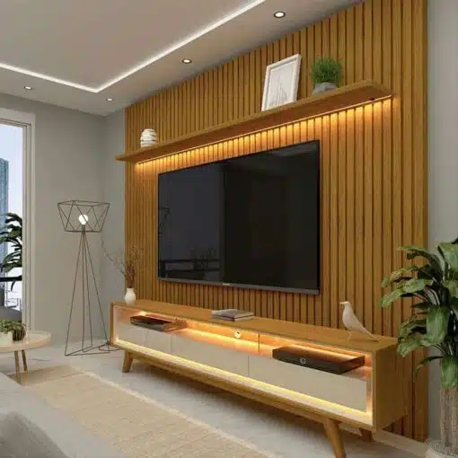 Rack Requinte Naturale/off Larg. 2.12m + Painel Nobre Naturale Ripado C/ Led 100% MDF TV até 85 Polegadas Larg. 2.30m - Gelius