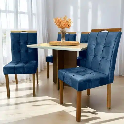 Mesa Salinas 90 Cinamomo/Off White com 4 Cadeiras Sophia Veludo Azul – AVALON DECOR + WM DECOR