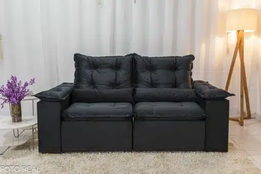 Sofá Retrátil Reclinável Grécia 2.00m Veludo Preto - Sem caixa - Imagem 5