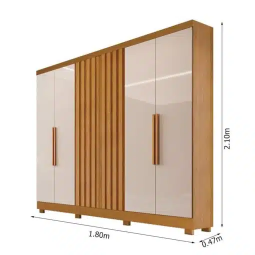Roupeiro Cabo Frio 6 Portas e Detalhe Ripado 100% MDF  Nature/Off  Larg. 1.80m -  Bianchi - Imagem 3