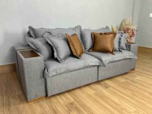 Sofá Cama Retrátil Reclinável Gabriella 2,30m - Cinza Linho / Marrom Courino - Imagem 5