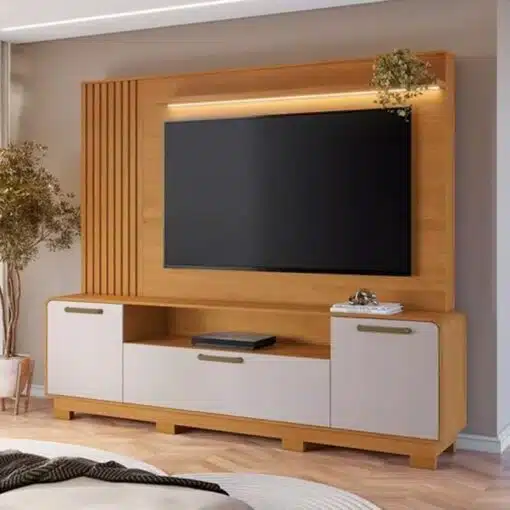 Home Apego Cinamomo/Off C/ Luminária LED e Detalhe Ripado TV até 65 Polegadas Larg. 2.00m - JCM