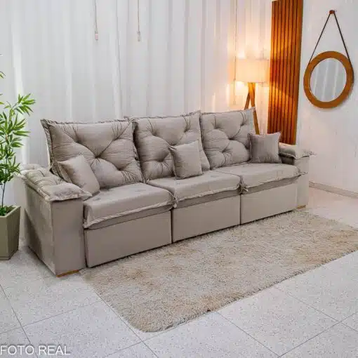 Sofá Retrátil Reclinável Porto Madri 2.70m Veludo Bege - D28 Pró Aditivada - Imagem 6