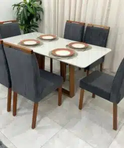 Mesa de Jantar Bali 1.60×0.80 Com 6 Cadeiras Califórnia – Cinamomo/Off White/Cinza