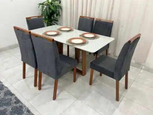Mesa de Jantar Bali 1.60×0.80 Com 6 Cadeiras Califórnia – Cinamomo/Off White/Cinza