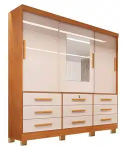 Roupeiro Casal Athenas Nature/Off 3 Portas 9 Gavetas C/ Espelho e Pés 100% MDF Larg. 1.80m - Bianchi