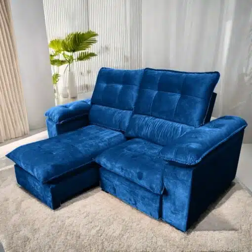 Sofá Retrátil e Reclinável Suíça 2,10 m  Veludo Azul - LEO DECOR