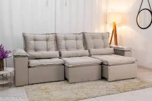 Sofá Retrátil Reclinável Grécia 2.70m Veludo Bege - Sem Caixa - Imagem 2