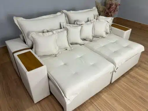 Sofá Cama Retrátil Reclinável Gabriella 2,10m Mod.80 - Bege Linho / Marrom Courino - Imagem 6