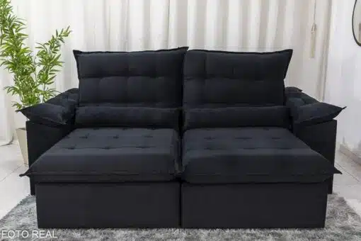 Sofá Retrátil Reclinável Emanuelly 2.30m Veludo Preto 21 - D28 Soft - Imagem 4