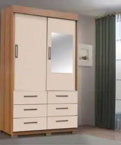 Guarda-Roupa Buzios 2 portas de correr com espelho 6 gavetas - Mel/Areia