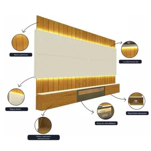 Home Suspenso Soberano Nature/Off Reflecta C/ Led Ripado 100% MDF TV até 85 Polegadas Larg. 2.60m - Gelius - Imagem 3