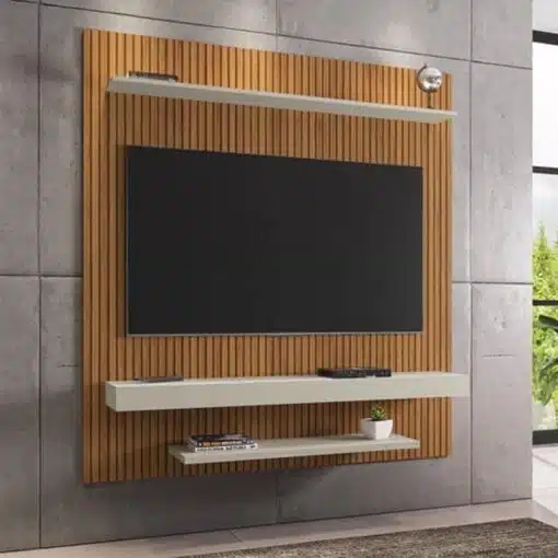 Painel Leme TV até 60 Polegadas Larg. 1.50m Impressão Ripada 3D Cinamomo/Ripado/Off White Bechara