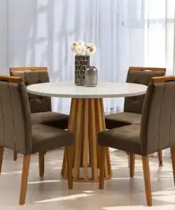 Mesa Redonda Berlim 100 Cinamono/Off White com 4 Cadeiras Sophia Veludo Marrom – CEL MÓVEIS + WM DECOR