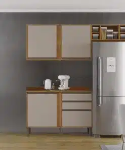 Balcão Pérola Cinamomo/Off 1.20m + Aéreo 2 Portas 1.20m Cinamomo/Off + Armário de Geladeira Pérola Cinamomo - Sallêto