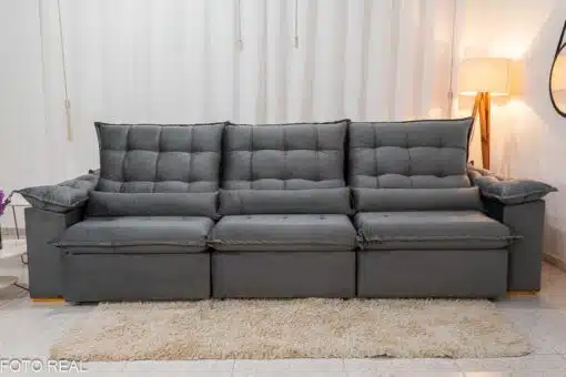 Sofá Retrátil Reclinável Emanuelly 3.20m Veludo Cinza 20 - D28 Soft - Imagem 5