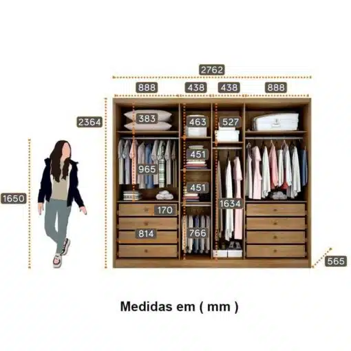 Roupeiro Casal Robust Plus Cumaru 6 Portas 8 Gavetas 100% MDF Larg. 2.76m - Novo Horizonte - Imagem 2