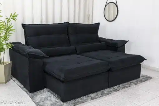 Sofá Retrátil Reclinável Emanuelly 2.30m Veludo Preto 21 - D28 Soft - Imagem 2