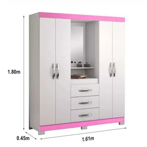 Roupeiro Solteiro NT 5015 Branco/Rosa 4 portas 3 Gavetas Flex C/Pés Larg. 1.61m - Notável - Imagem 3