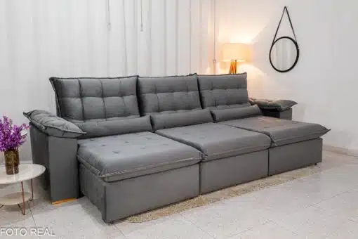 Sofá Retrátil Reclinável Emanuelly 3.20m Veludo Cinza 20 - D28 Soft