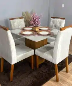 Mesa de Jantar Dakota Plus 90x90 c/ 4 Cadeiras Jasmim - Cinamomo/Off White/Bege Veludo