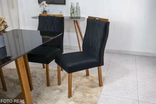 Mesa de Jantar Pedro Mel Vidro Preto 160×80 6 Cadeiras Lisboa Veludo Preto 504 Madeira Maciça Art Assento - Entregue Montada - Imagem 4