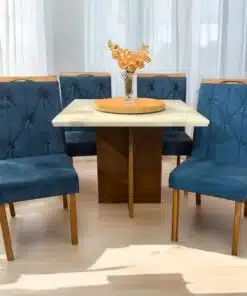 Mesa Salinas 90 Cinamomo/Off White com 4 Cadeiras Yasmim Veludo Azul – AVALON DECOR + KM DECOR