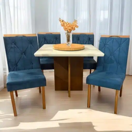 Mesa Salinas 90 Cinamomo/Off White com 4 Cadeiras Yasmim Veludo Azul – AVALON DECOR + KM DECOR
