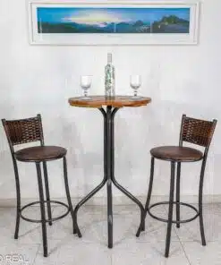 Mesa de Varanda Alta Goiás Tampo de Madeira Redonda + 2 Banquetas Panamá Marrom/Carvalho - Tubulares Teixeira