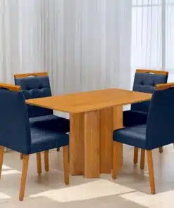 Mesa Recife 120 Cinamono Laminado com 4 Cadeiras Sophia Veludo Azul – CEL MÓVEIS + WM DECOR