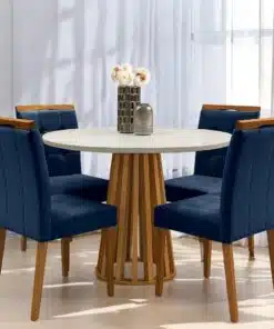 Mesa Redonda Berlim 100 Cinamono/Off White com 4 Cadeiras Sophia Veludo Azul – CEL MÓVEIS + WM DECOR