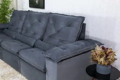 Sofá Retrátil Reclinável Roma 2.70m Veludo Cinza 20 - D28 Soft - Imagem 7