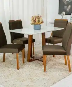Mesa de Jantar Pedro Mel Vidro Off 120×80 4 Cadeiras Lisboa Veludo Marrom 509 Madeira Maciça Art Assento - Entregue Montada