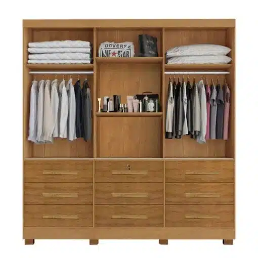 Roupeiro Casal Athenas Nature 3 Portas 9 Gavetas C/ Espelho e Pés 100% MDF Larg. 1.80m - Bianchi - Imagem 2