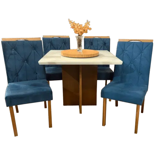 Mesa Salinas 90 Cinamomo/Off White com 4 Cadeiras Yasmim Veludo Azul – AVALON DECOR + KM DECOR - Imagem 3