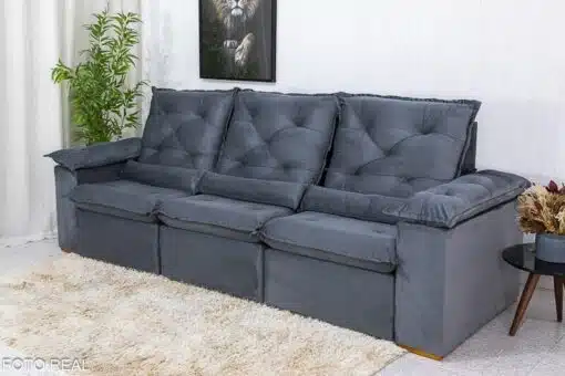 Sofá Retrátil Reclinável Roma 2.70m Veludo Cinza 20 - D28 Soft - Imagem 4