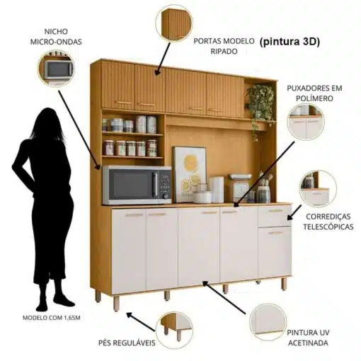 Kit Cozinha Núria Ripado 3D 9 Portas 1 Gaveta Larg. 1.80m Freijó/Off Poliman - Imagem 4