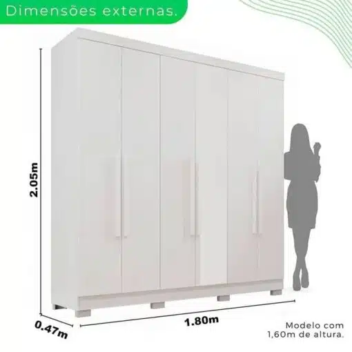 Roupeiro Casal Recife Branco 6 Portas C/Pés Larg. 1.80m - Sallêto - Imagem 4