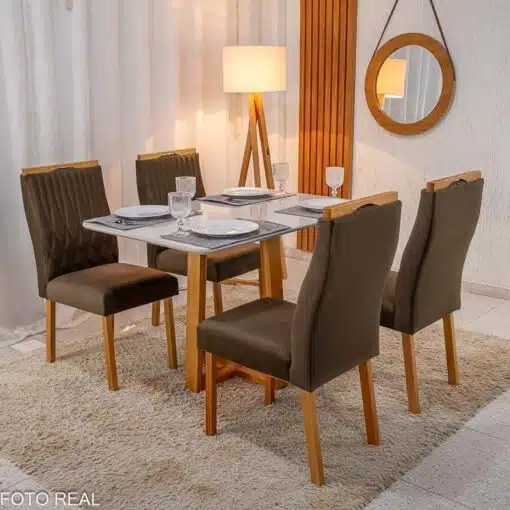 Mesa Pedro Mel Vidro OFF 120×80 4 Cadeiras Genova Veludo Marrom 509 Madeira Maciça Art Assento - Entregue Montada