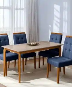 Mesa Alegra 120 Cinamomo/Off White com 4 Cadeiras Sophia Veludo Azul – JCM MOVELARIA + WM DECOR