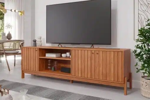 Rack Holanda Cinamomo Ripado 100% MDF Larg. 2.05m + Painel Maragogi Cinamomo Ripado 100% MDF Larg. 2.30m - Permobili - Imagem 4
