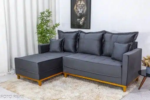 Sofá 3 Lug. Milão C/Chaise Lado Direito Veludo Cinza 814 Larg. 2.30m - Molas Ensacadas - Imagem 2