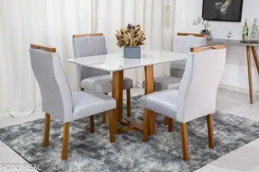 Mesa de Jantar Pedro Mel Vidro Off 120×80 4 Cadeiras Lisboa Veludo Prata 514 Madeira Maciça Art Assento - Entregue Montada - Imagem 3